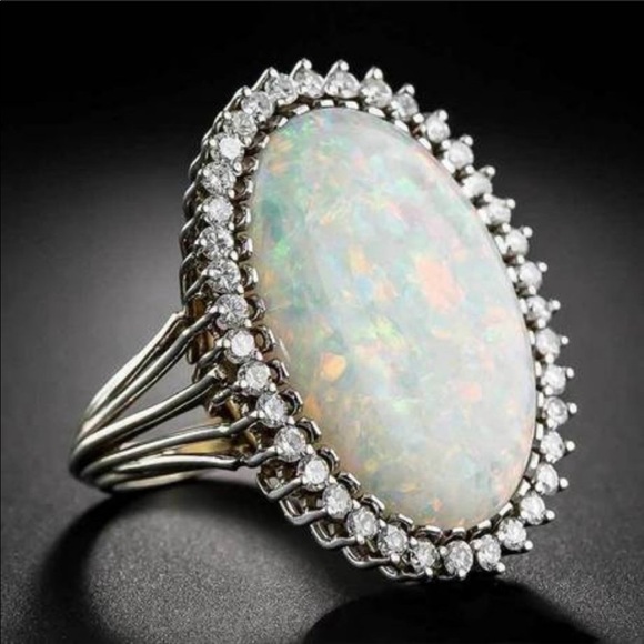 NEW HUGE OPAL DIAMOND HALO STERLING SILVER RING - Picture 7 of 7